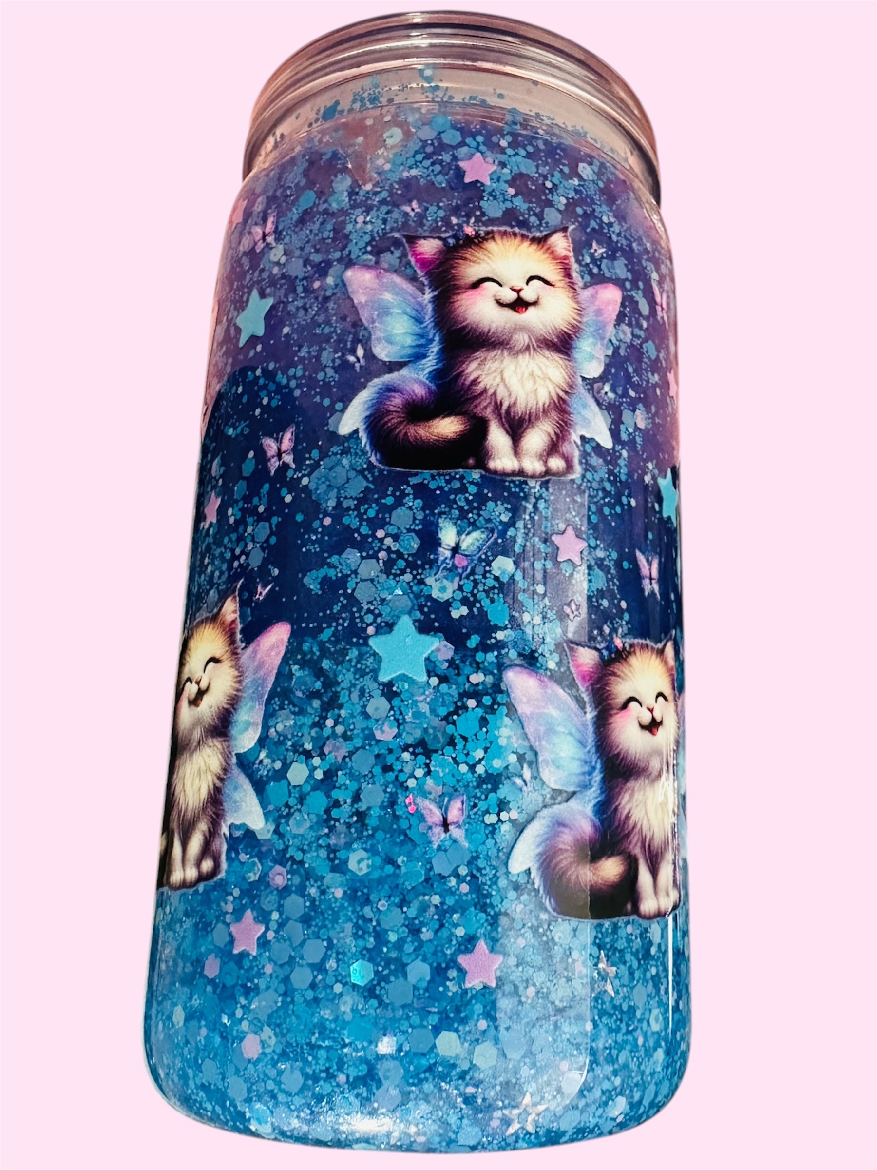 💙 Blue & Purple Starry Night Lava Kitty 💜 16 Oz Snow Globe with Purple Glittery Straw