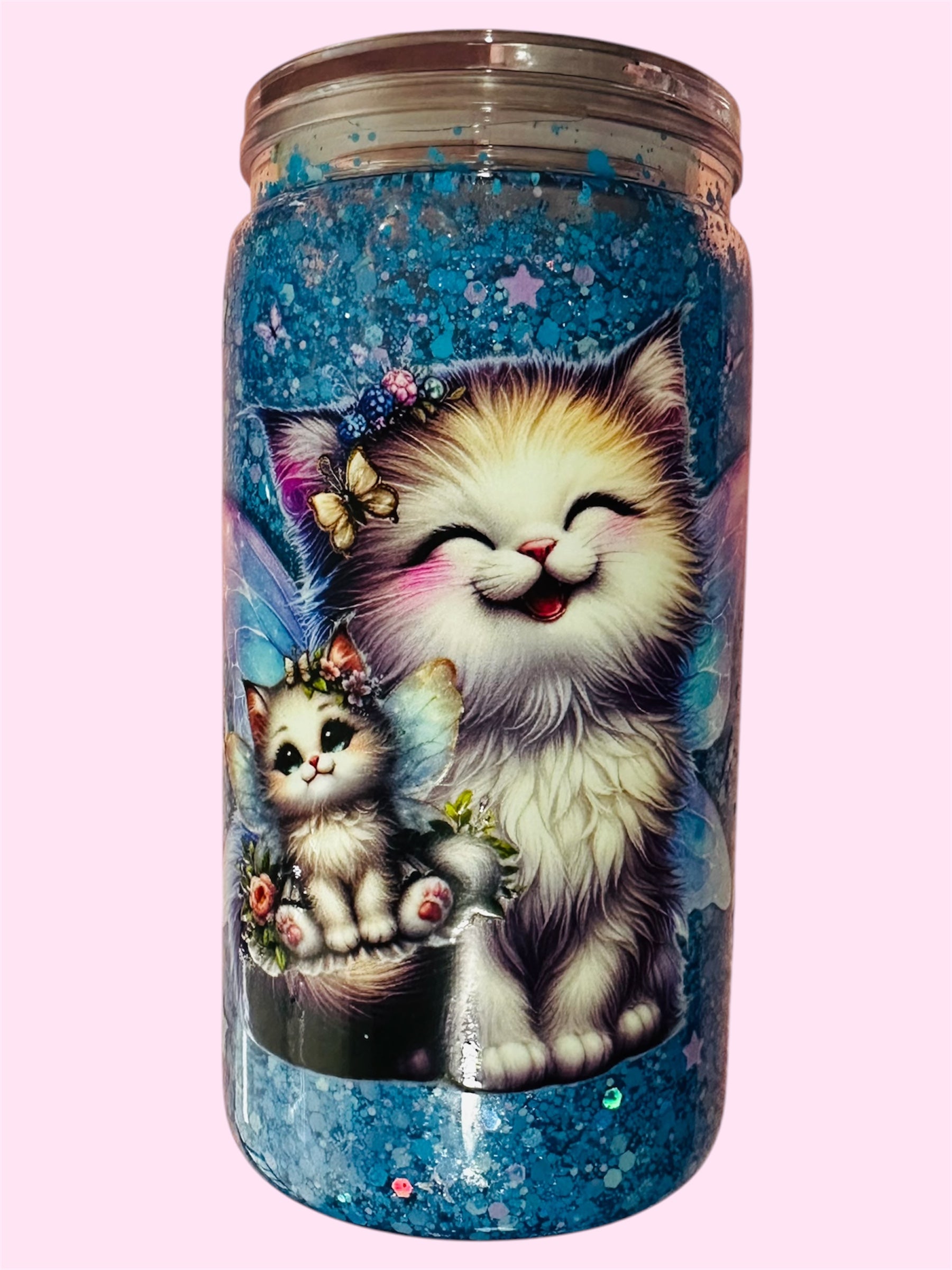 💙 Blue & Purple Starry Night Lava Kitty 💜 16 Oz Snow Globe with Purple Glittery Straw