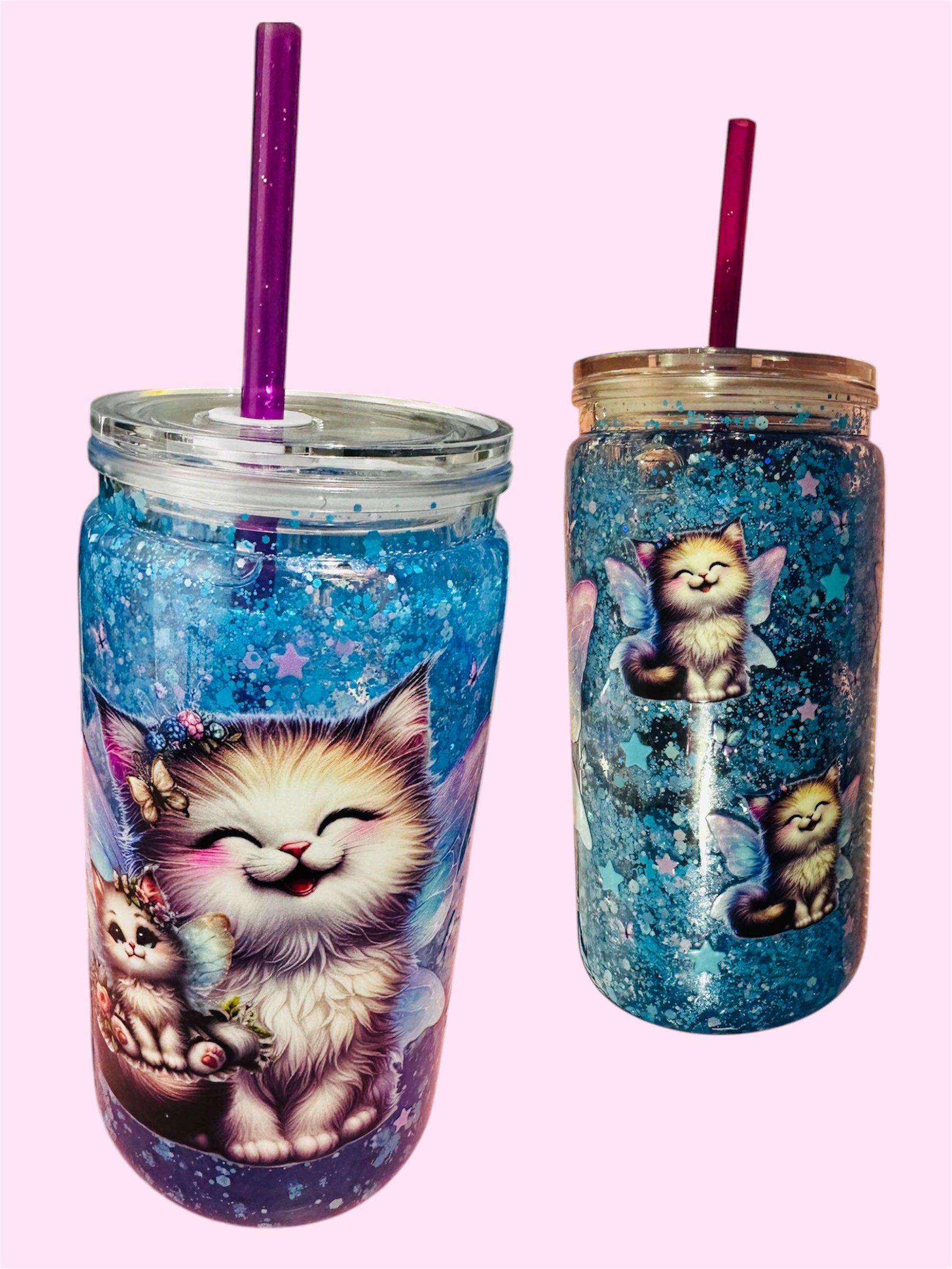 💙 Blue & Purple Starry Night Lava Kitty 💜 16 Oz Snow Globe with Purple Glittery Straw