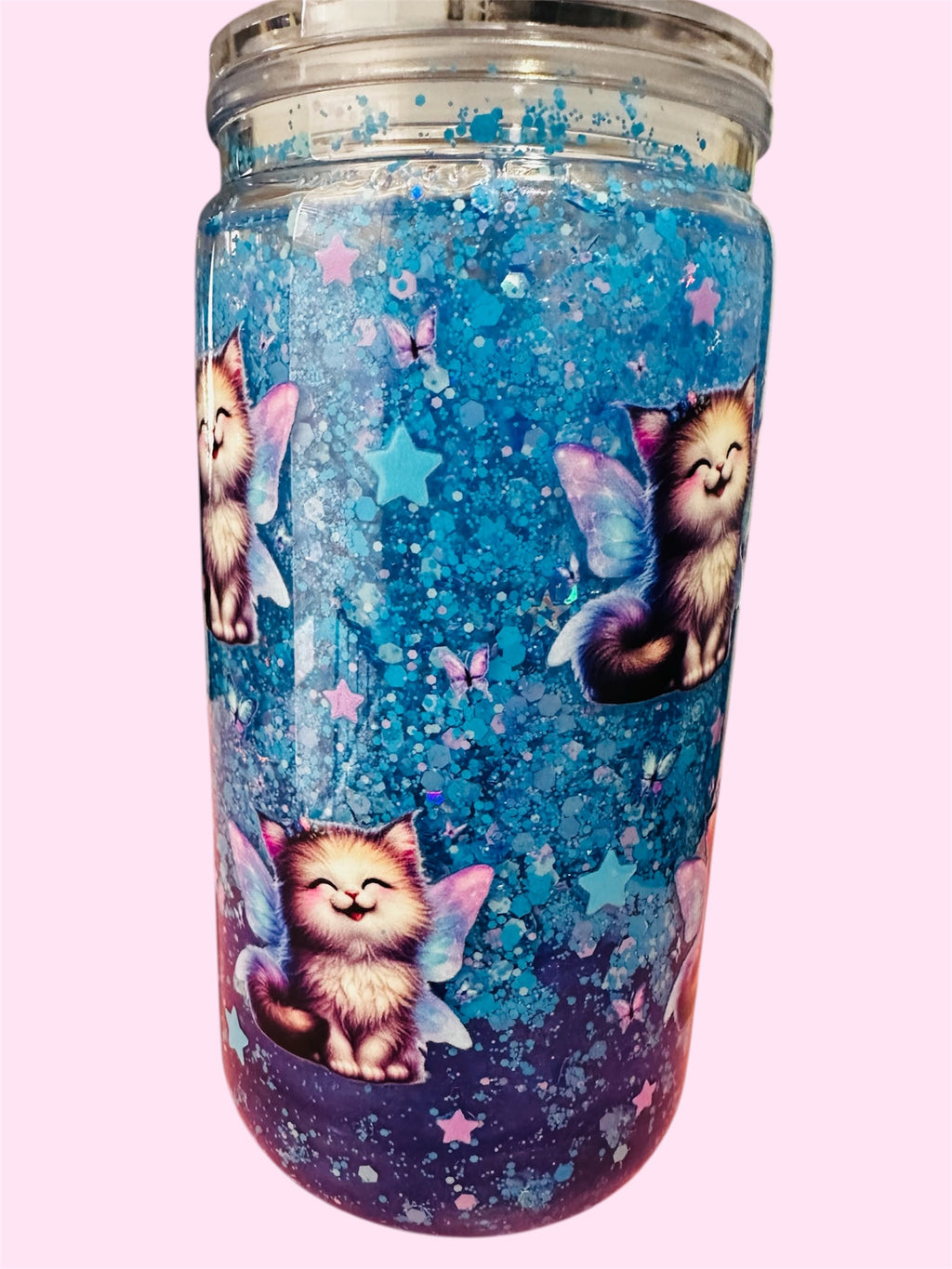 💙 Blue & Purple Starry Night Lava Kitty 💜 16 Oz Snow Globe with Purple Glittery Straw