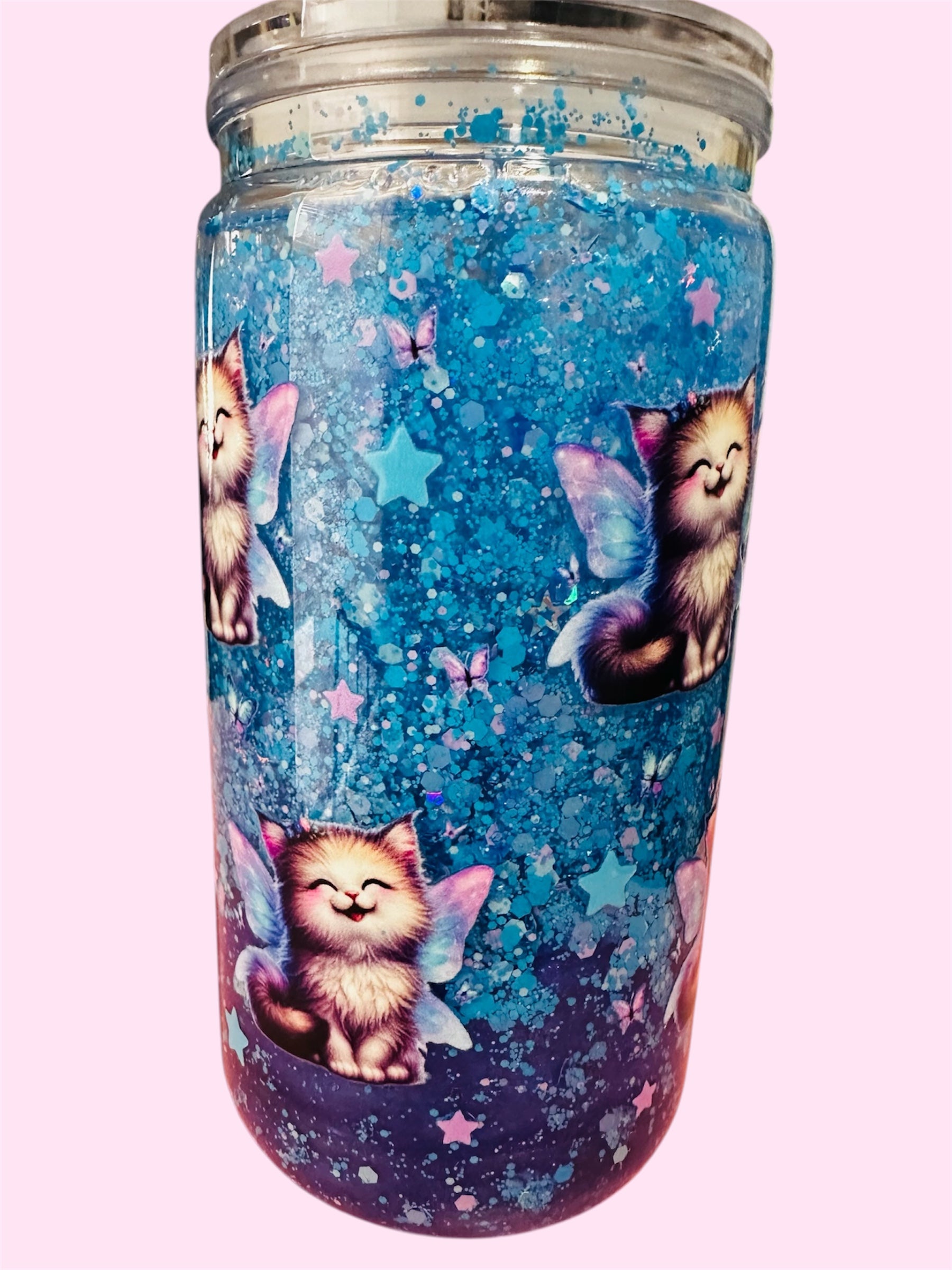 💙 Blue & Purple Starry Night Lava Kitty 💜 16 Oz Snow Globe with Purple Glittery Straw