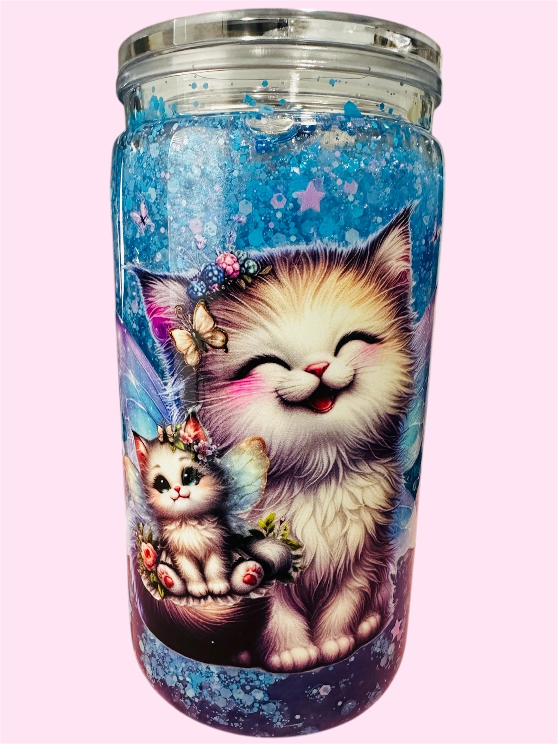 💙 Blue & Purple Starry Night Lava Kitty 💜 16 Oz Snow Globe with Purple Glittery Straw